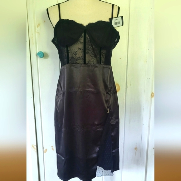 Spaghetti Strap Splicing Illusion Lace Satin Sexy Bodycon Dress - Picture 1 of 14